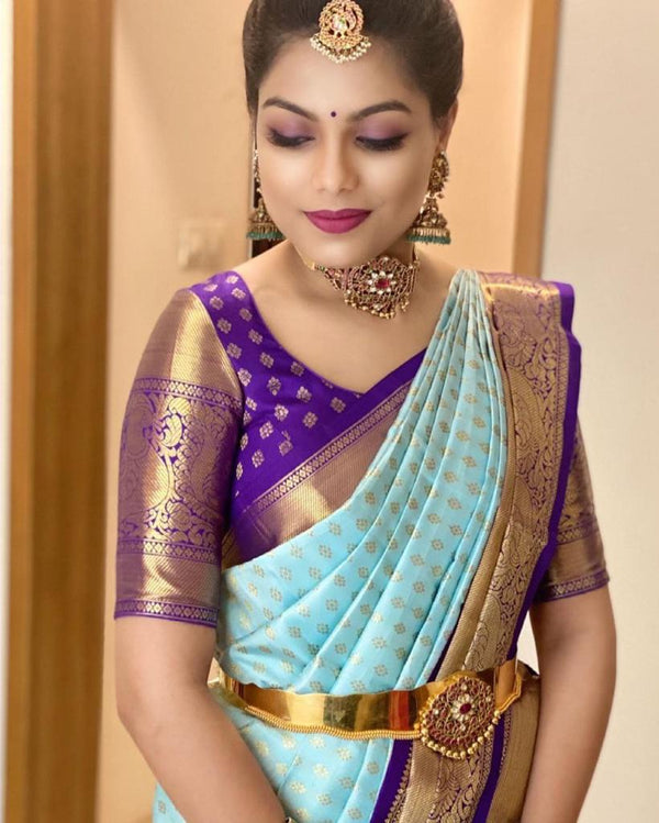 Extraordinary Firozi Soft Banarasi Silk Saree With Awesome Blouse Piece KP