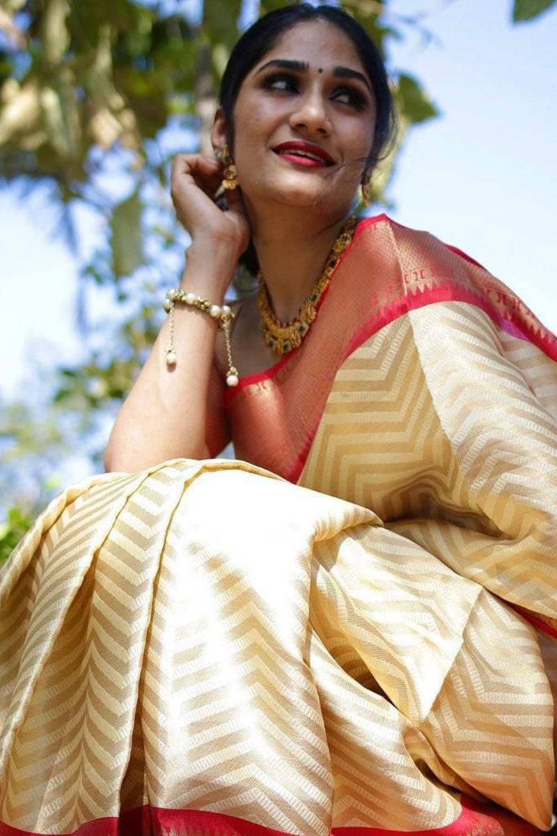 Excellent Beige Soft Silk Saree With Flaunt Blouse Piece KP