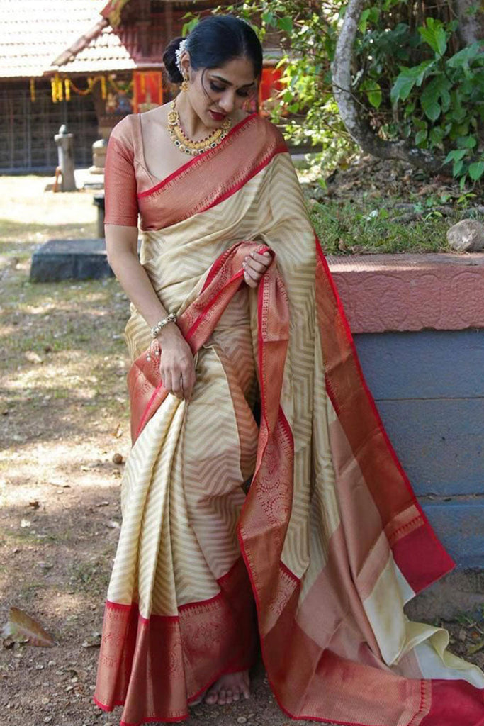 Excellent Beige Soft Silk Saree With Flaunt Blouse Piece KP