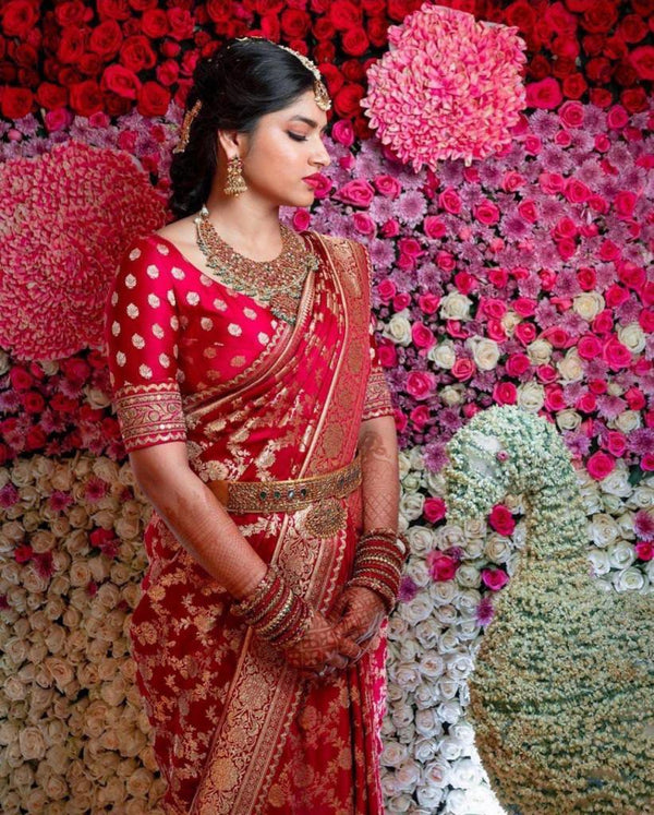 Divine Red Soft Banarasi Silk Saree With Angelic Blouse Piece KP