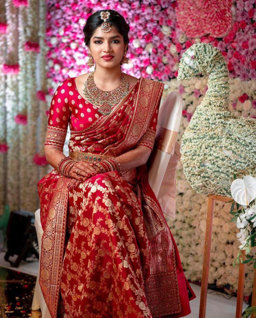 Divine Red Soft Banarasi Silk Saree With Angelic Blouse Piece KP Main image