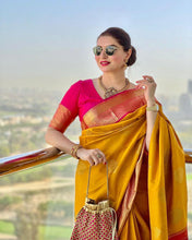 Load image into Gallery viewer, Dissemble Yellow Soft Banarasi Silk Saree With Blissful Blouse Piece KP