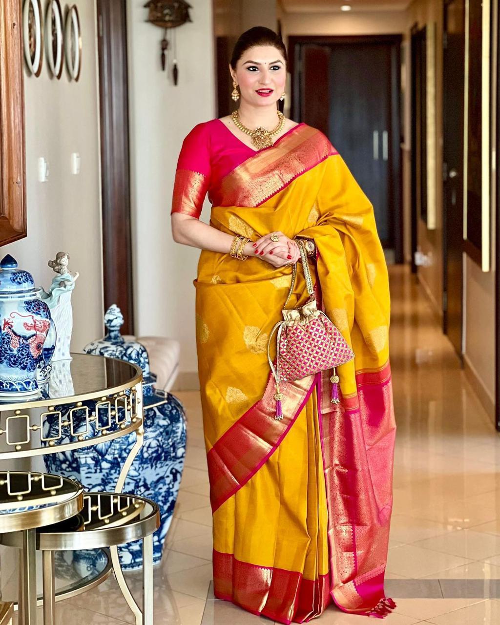 Dissemble Yellow Soft Banarasi Silk Saree With Blissful Blouse Piece KP
