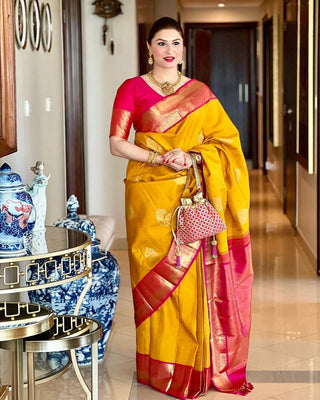 Dissemble Yellow Soft Banarasi Silk Saree With Blissful Blouse Piece KP