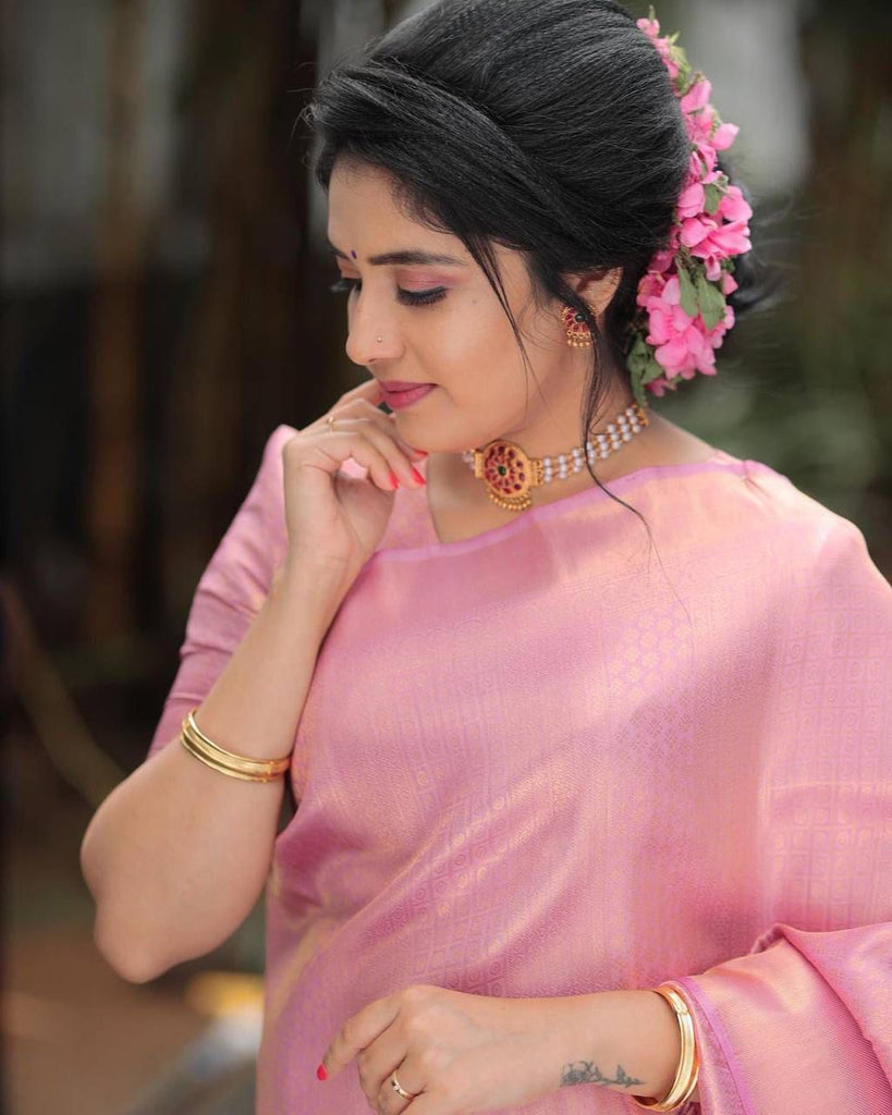 Bucolic Pink Soft Silk Saree With Forbearance Blouse Piece KP