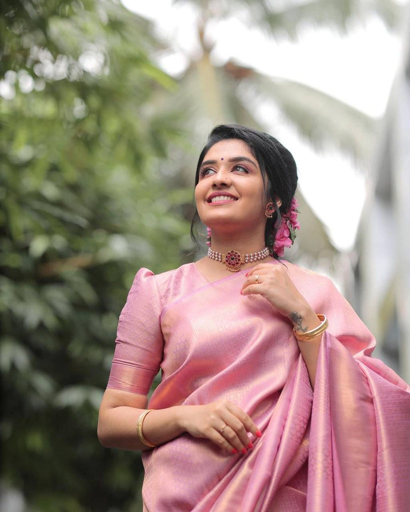 Bucolic Pink Soft Silk Saree With Forbearance Blouse Piece KP