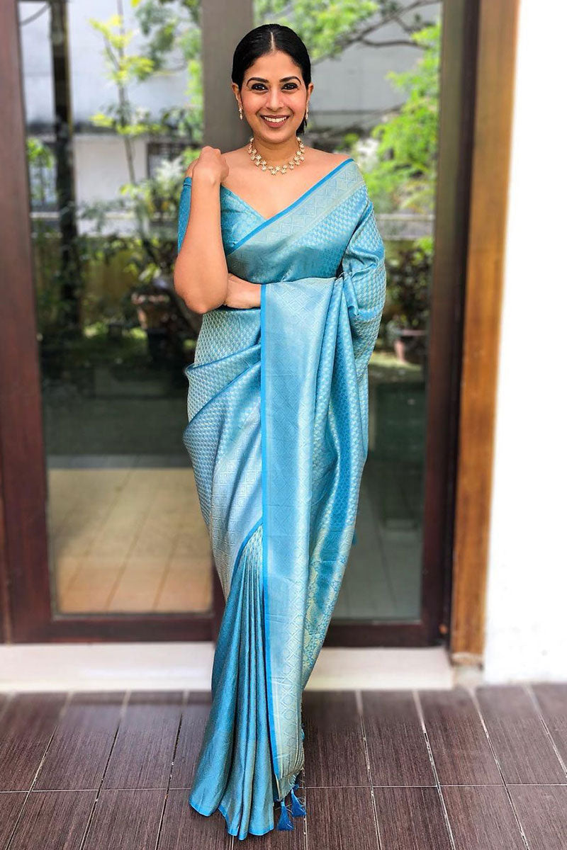 Admirable Firozi Soft Silk Saree With Excellent Blouse Piece Secondary image