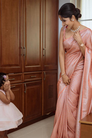 Sensational Peach Soft Kanjivaram Silk Saree With Skinny Blouse Piece KP