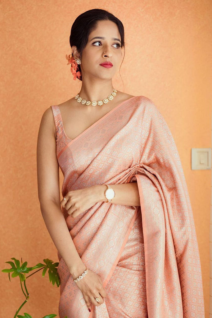 Sensational Peach Soft Kanjivaram Silk Saree With Skinny Blouse Piece KP