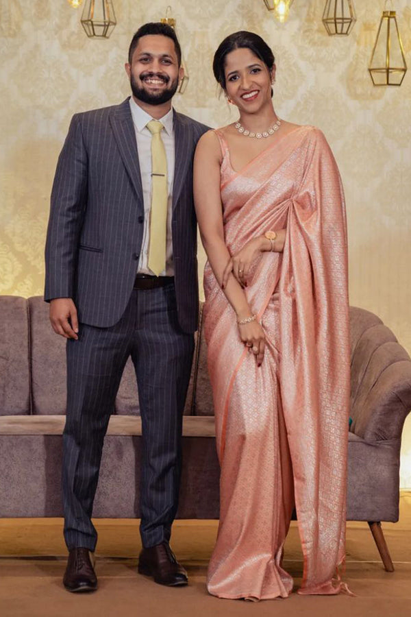Sensational Peach Soft Kanjivaram Silk Saree With Skinny Blouse Piece KP