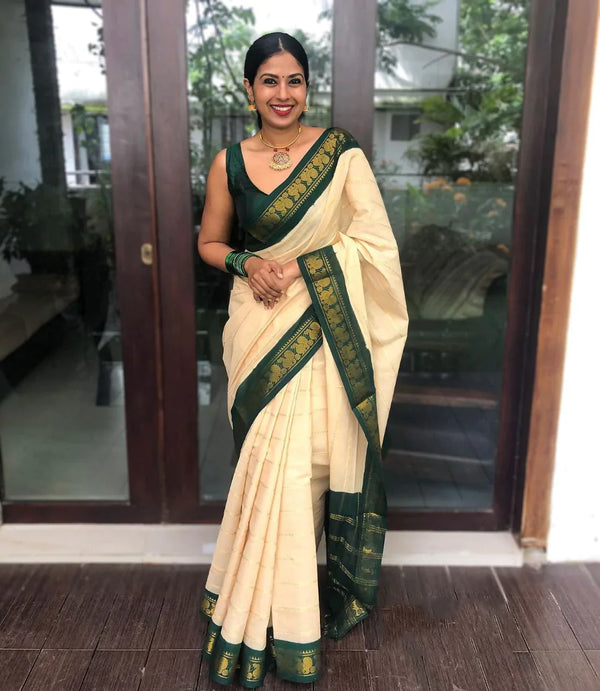 Unequalled Off White Soft Silk Saree With Angelic Blouse Piece KP
