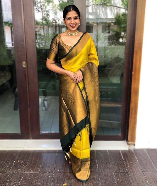 Bucolic Yellow Soft Silk Saree With Gossamer Blouse Piece KP