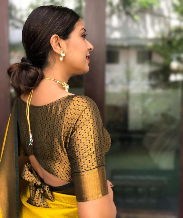 Bucolic Yellow Soft Silk Saree With Gossamer Blouse Piece KP