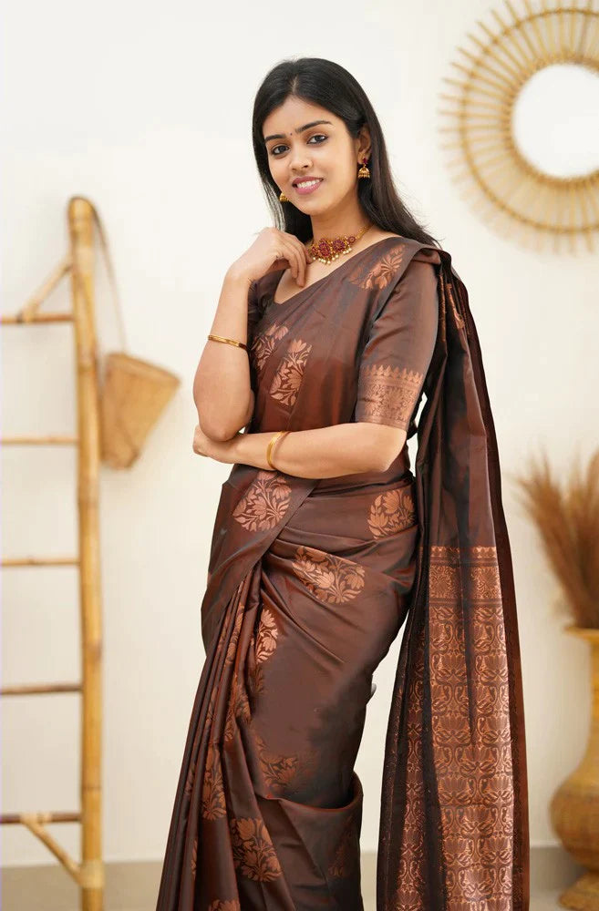 Vestigial Brown Soft Silk Saree With Confounding Blouse Piece KP