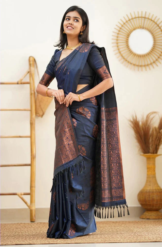 Lagniappe Navy Blue Soft Silk Saree With Engaging Blouse Piece KP