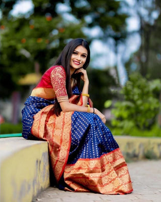 Alluring Royal Blue Soft Banarasi Silk Saree With Surpassing Blouse Piece KP