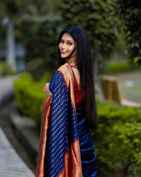 Alluring Royal Blue Soft Banarasi Silk Saree With Surpassing Blouse Piece KP