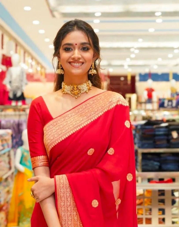 Vestigial Red Soft Silk Saree With Ravishing Blouse Piece KP