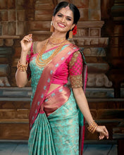 Load image into Gallery viewer, Delectable Sky Soft Silk Saree With Fancifull Blouse Piece KP
