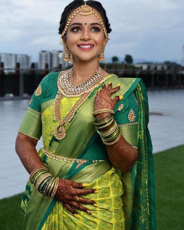 Staggering Lemon Soft Banarasi Silk Saree With Fairytale Blouse Piece KP