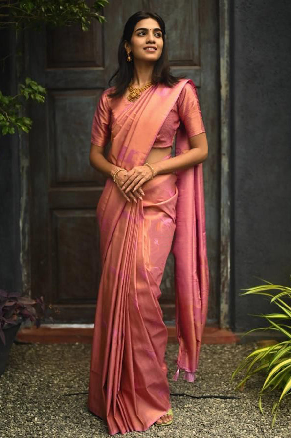 Stunning Pink Colour Saree With Navy Blue Mina & Heavy Brocade Blouse –  garment villa