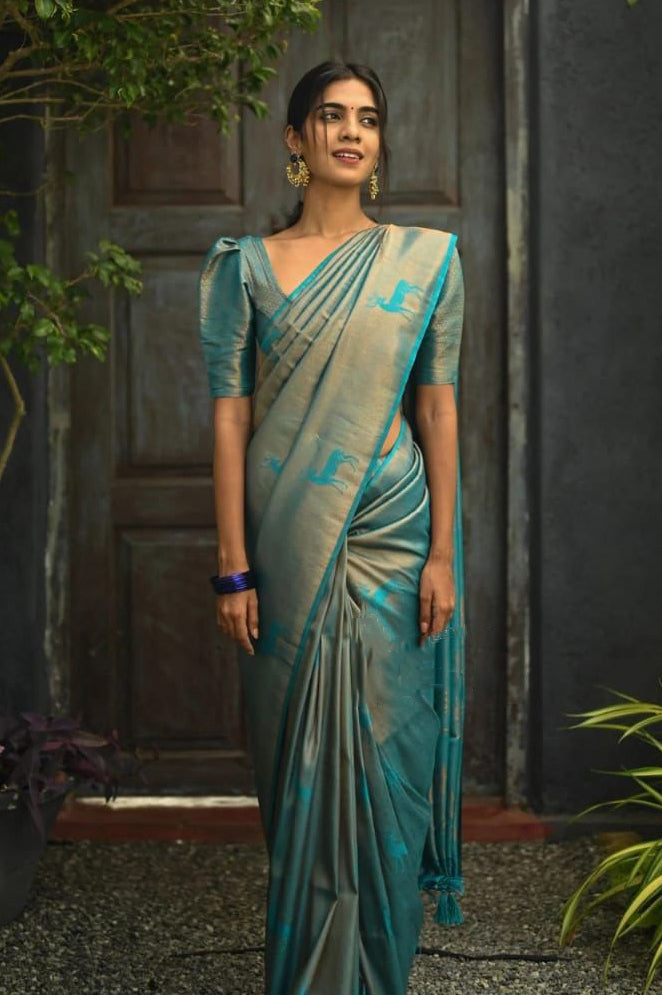 Tremendous Sky Soft Silk Saree With Incredible Blouse Piece KP