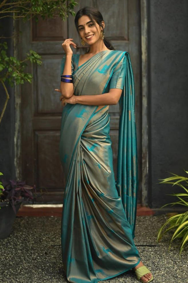 Tremendous Sky Soft Silk Saree With Incredible Blouse Piece KP