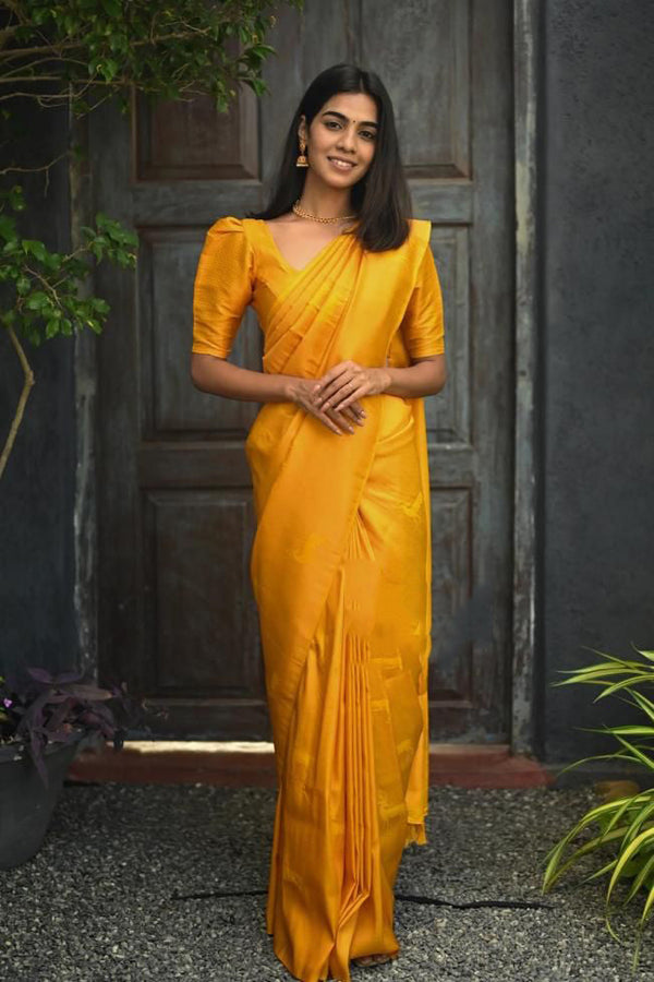 Confounding Yellow Soft Silk Saree With Pleasurable Blouse Piece KP