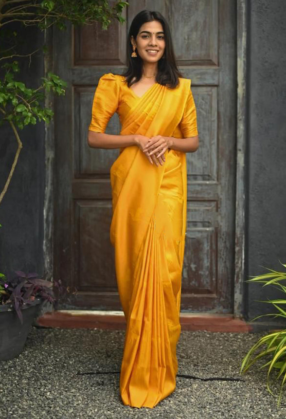 Confounding Yellow Soft Silk Saree With Pleasurable Blouse Piece KP Main image