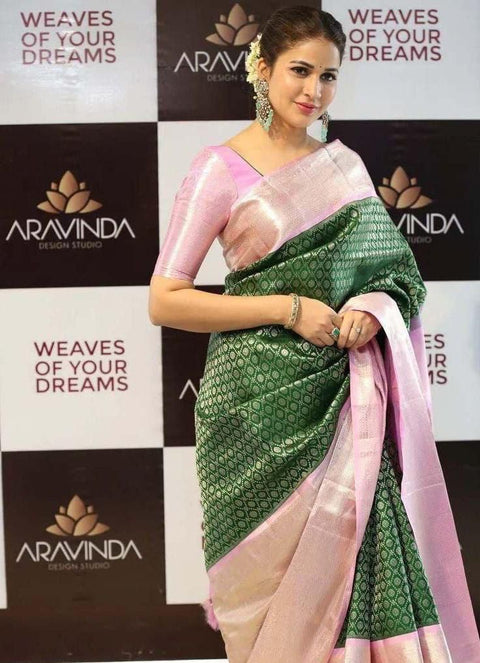 Elaborate Dark Green Soft Silk Saree With Redolent Blouse Piece KP Main image