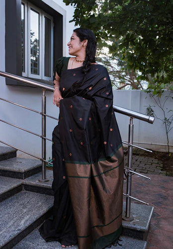 Glittering Black Soft Silk Saree With Comely Blouse Piece KP