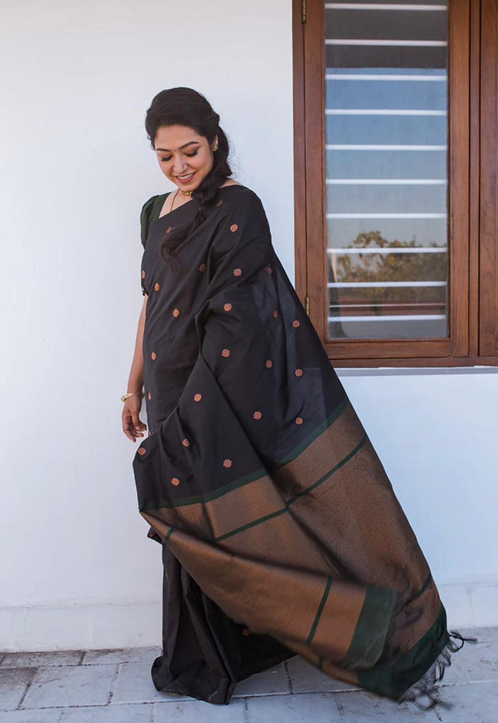 Glittering Black Soft Silk Saree With Comely Blouse Piece KP