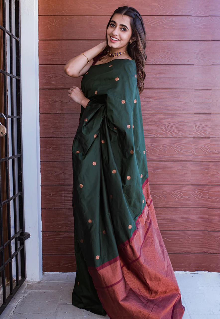 Devastating Dark Green Soft Silk Saree With Staggering Blouse Piece KP