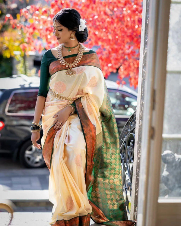 Cynosure Beige Soft Silk Saree With Inspiring Blouse Piece KP