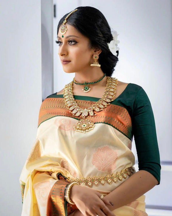 Cynosure Beige Soft Silk Saree With Inspiring Blouse Piece KP