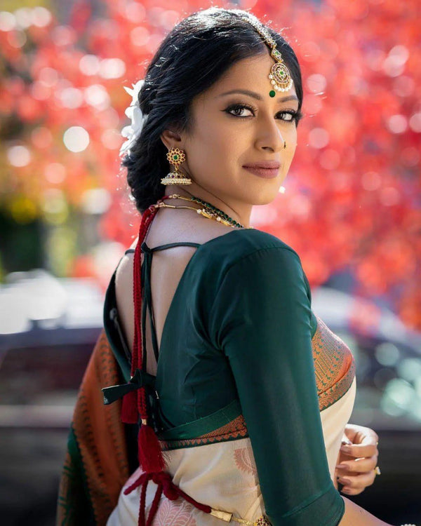 Cynosure Beige Soft Silk Saree With Inspiring Blouse Piece KP