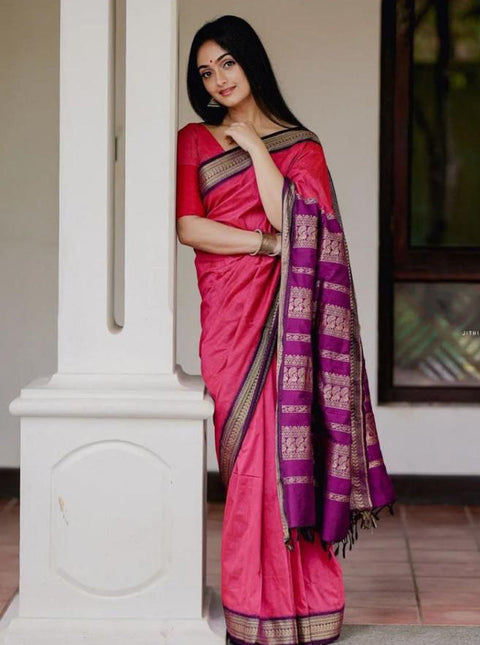 Snazzy Pink Soft Banarasi Silk Saree With Luxuriant Blouse Piece KP Main image