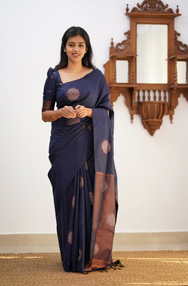 Amazing Navy Blue Soft Silk Saree With Energetic Blouse Piece KP