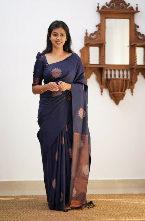 Amazing Navy Blue Soft Silk Saree With Energetic Blouse Piece KP Main image