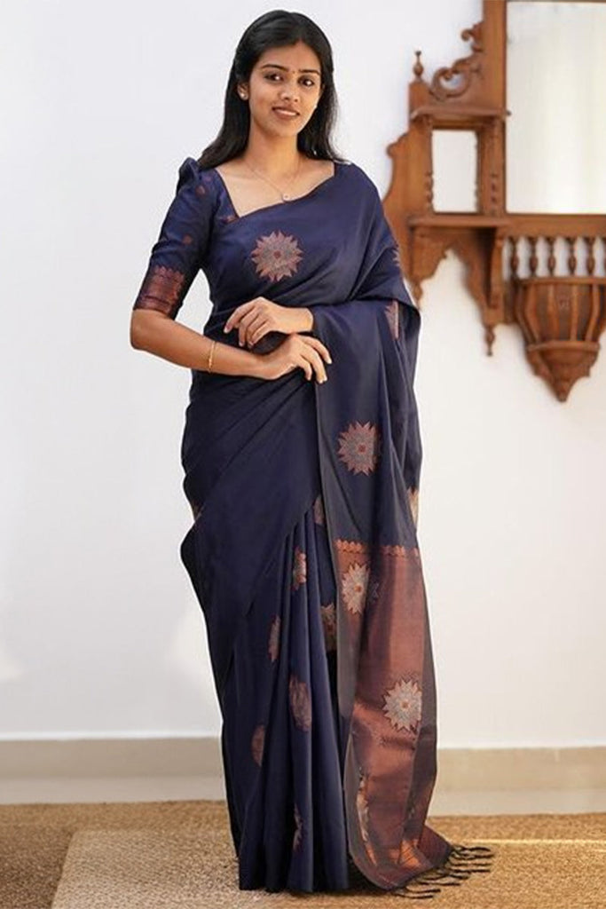 Amazing Navy Blue Soft Silk Saree With Energetic Blouse Piece KP