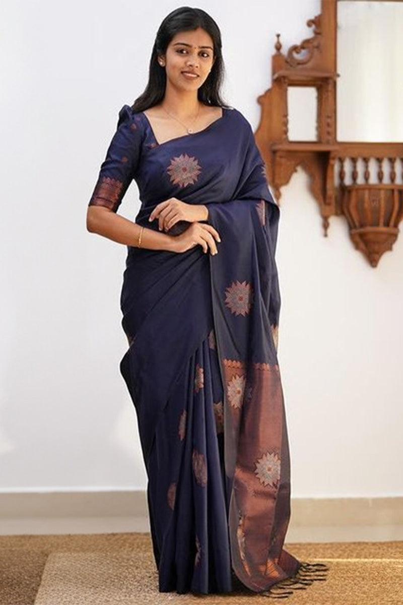 Buy Party Wear Navy Blue Zari Work Pure Soft Silk Saree Online From Surat  Wholesale Shop.