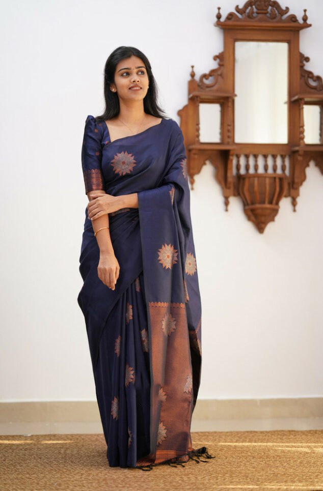 Amazing Navy Blue Soft Silk Saree With Energetic Blouse Piece KP