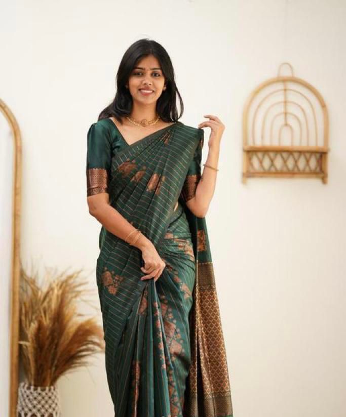 Precious Dark Green Soft Silk Saree With Classy Blouse Piece KP