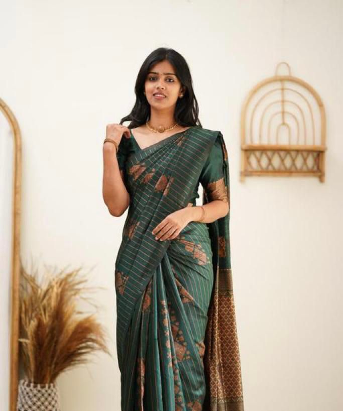 Precious Dark Green Soft Silk Saree With Classy Blouse Piece