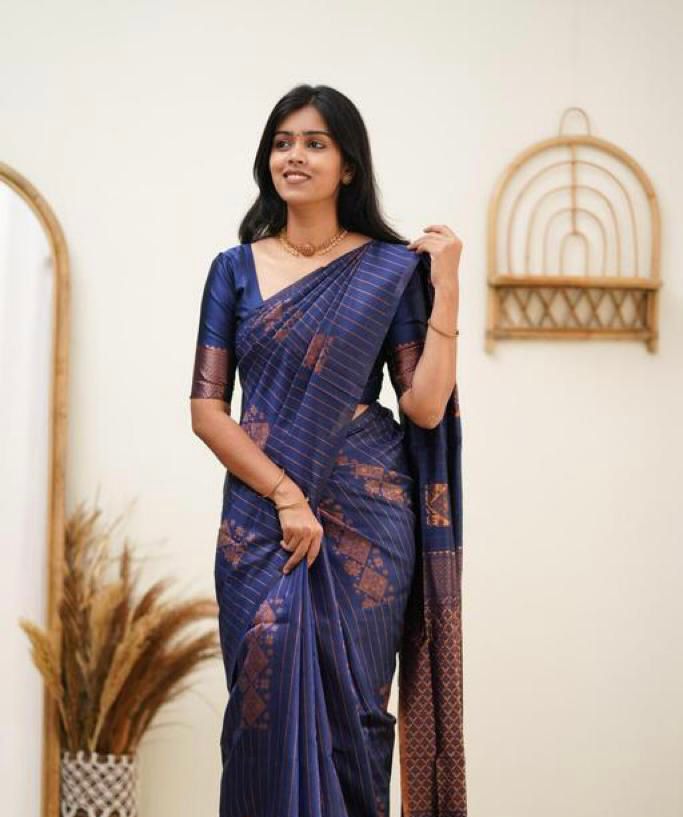 Gleaming Navy Blue Soft Silk Saree With Sophisticated Blouse Piece KP Main image