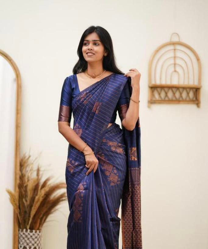 Gleaming Navy Blue Soft Silk Saree With Sophisticated Blouse Piece KP