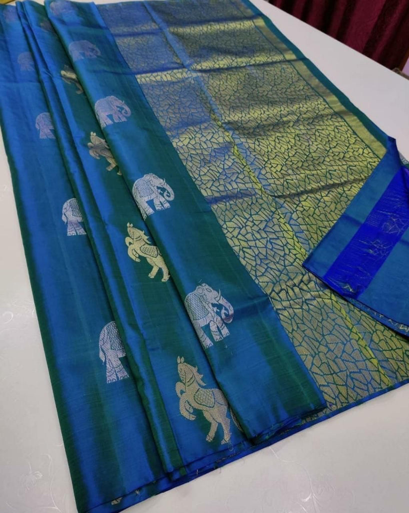 Chatoyant Firozi Soft Silk Saree With Sizzling Blouse Piece KP