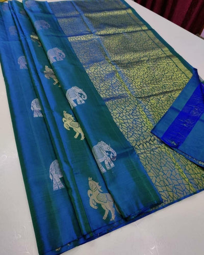 Chatoyant Firozi Soft Silk Saree With Sizzling Blouse Piece KP