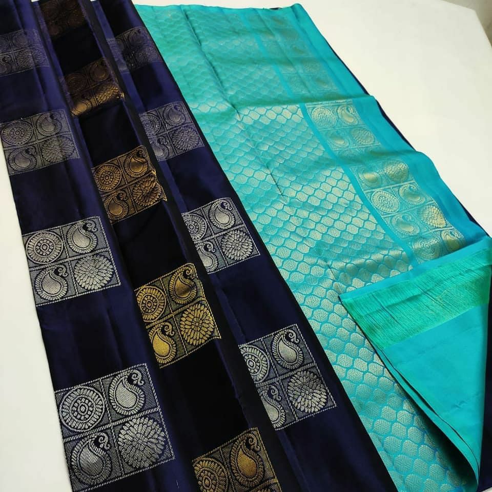 Imaginative Navy Blue Soft Silk Saree With Twirling Blouse Piece KP