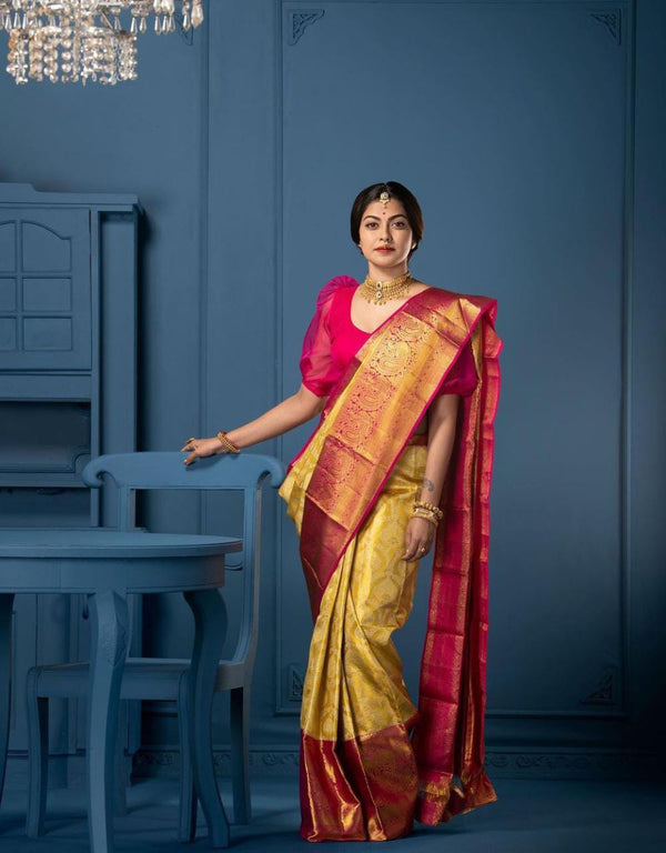 Denouement Yellow Soft Silk Saree With Glittering Blouse Piece KP